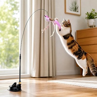 chat tricolore sautant pour attraper un oiseau à plumes mauves suspendu à une tige flexible sur socle noir