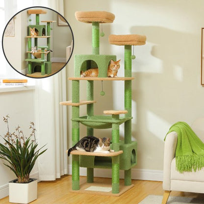 arbre à chat vert à plusieurs plateaux avec coussins orangés, habité par plusieurs chats