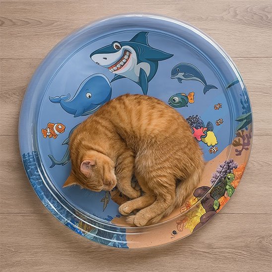  chat roux couché en boule sur un tapis rond bleu illustré un requin