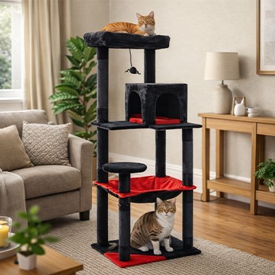 chat roux couché au sommet et chat tigré et blanc sur la base d’un arbre à chat noir et rouge.