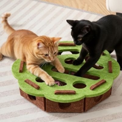 chat roux et chat noir jouant avec une boîte verte en forme de fleur