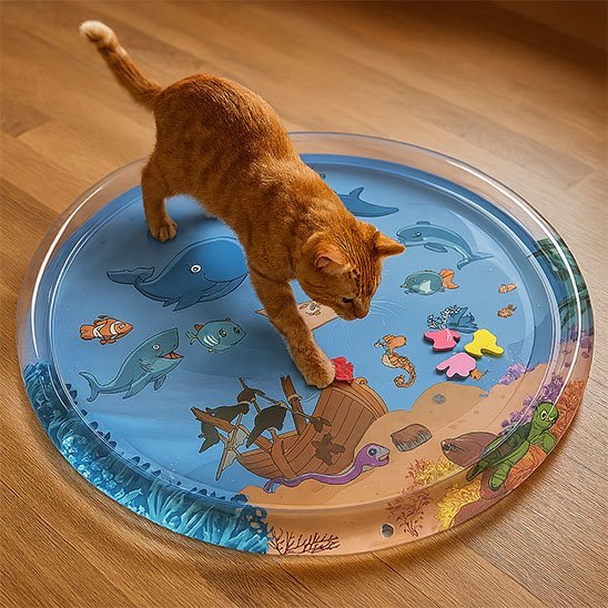 chat roux touchant un petit poisson rouge sur un tapis de jeu bleu avec décor en sous