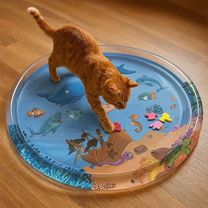  chat roux touchant un petit poisson rouge sur un tapis de jeu bleu avec décor en sous