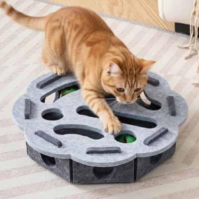 chat roux touchant une balle verte à travers une ouverture d’une boîte de jeu grise en forme de fleur.