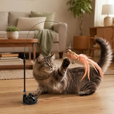 chat tigre allonge jouant avec un oiseau à plumes roses suspendu à une tige flexible sur socle noir