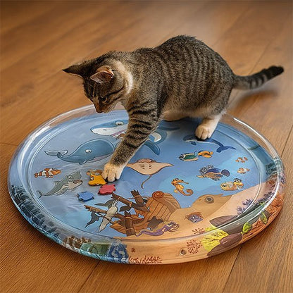chat tigré attrapant un petit poisson jaune sur un tapis de jeu rond