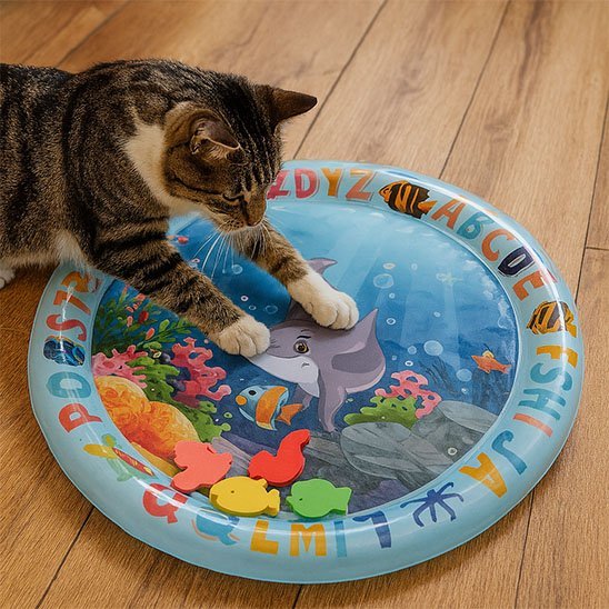 chat tigré et blanc touchant un tapis de jeu rond bleu avec décor marin et petits poisson colores
