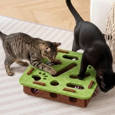 chat tigré et chat noir explorant une boîte de jeu carrée verte avec ouvertures et balles à l’intérieur